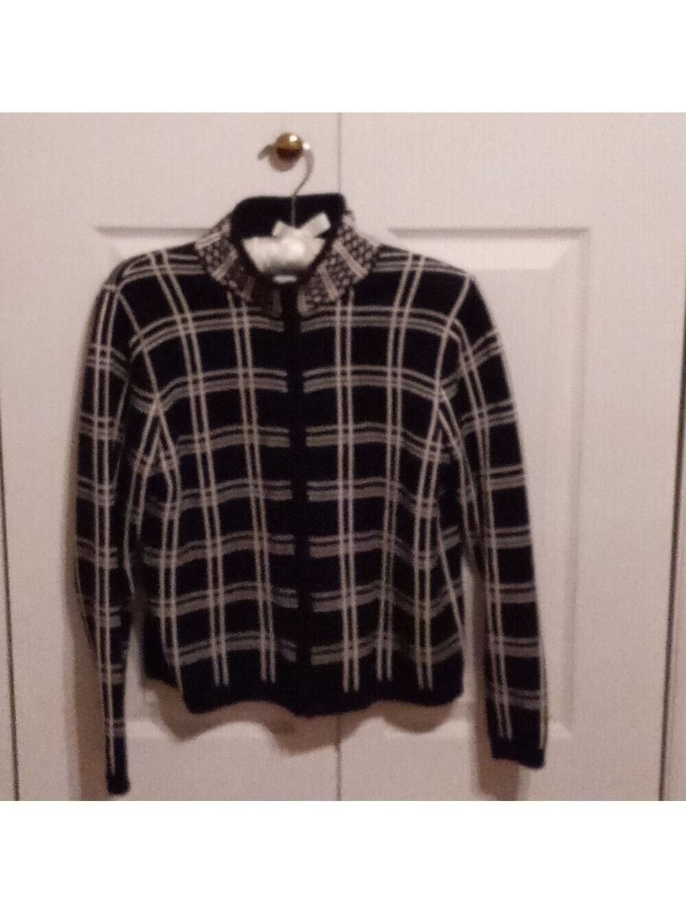Talbots Petites Vintage Windowpane Check Cotton Zip Front Cardigan